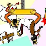 クレーンゲームで釣り上げられている男の子、象、壊れる椅子、テーブルにうつ伏せの男の子が描かれたコミカルなイラスト。