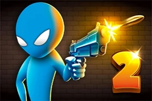 青いキャラクターが銃を発射している様子と数字の「2」が描かれているイラスト。