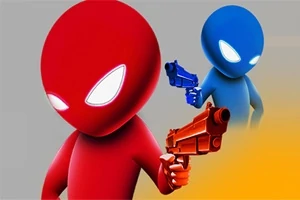 赤いキャラクターと青いキャラクターがそれぞれオレンジと青の銃を持っているイラスト。