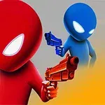 赤いキャラクターと青いキャラクターがそれぞれオレンジと青の銃を持っているイラスト。