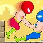 赤と青のマスクを被ったキャラクターが壁の上で組み合っている。