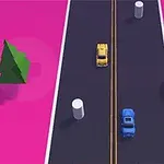 ピンクの背景に、黒い道路を走る黄色い車と青い車、道路脇に木や羊、円盤が配置されたシンプルなイラスト。