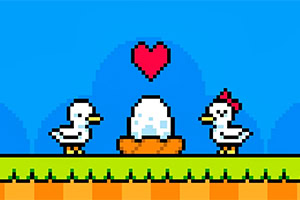 青い背景に、巣の中の卵を囲む2羽のピクセルアートの鳥とハートのイラスト。