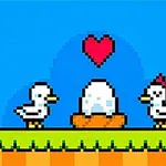 青い背景に、巣の中の卵を囲む2羽のピクセルアートの鳥とハートのイラスト。