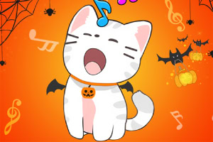 ハロウィンの装飾が施されたオレンジ色の背景に、コウモリの羽とカボチャの首輪をつけた白い猫のイラスト。
