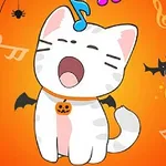 ハロウィンの装飾が施されたオレンジ色の背景に、コウモリの羽とカボチャの首輪をつけた白い猫のイラスト。