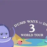 紫の背景に、キャラクターたちが砂浜や池の近くに立っている様子。