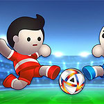 赤と青のユニフォームを着た2人のキャラクターがサッカーボールを挟んで向き合っている。