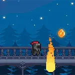 夜空の下、赤い帽子をかぶったキャラクターが橋の上を歩き、燃え上がる炎と金色のアイテムが浮かんでいる。