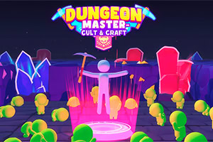 「DUNGEON MASTER: CULT & CRAFT」のカラフルなロゴの下で、つるはしを掲げた人型キャラクターが紫の祭壇に立ち、周囲に緑の小人形と赤いクリスタルが並ぶネオン調の洞窟風イラスト。