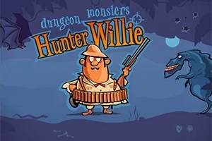 探検家の衣装を着たキャラクターが銃を持ち、怪物と対峙しているイラスト。