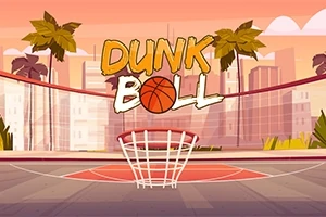 バスケットボールのリングがある都市の景観と、夕焼け空を背景にした「DUNK BALL」の文字。