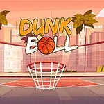 バスケットボールのリングがある都市の景観と、夕焼け空を背景にした「DUNK BALL」の文字。