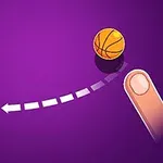 紫の背景にバスケットボールとバスケット、指が描かれたイラスト。