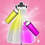 ピンクの背景に白いドレスをスプレーペイントで黄色と紫に彩るシーン。