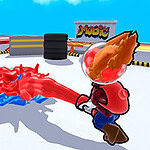 赤と青のキャラクターがカラフルなインクで戦っている。