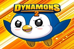 青と白のペンギン風キャラクターが、黄色とオレンジの背景の中に飛び出してきた様子。