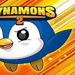 青と白のペンギン風キャラクターが、黄色とオレンジの背景の中に飛び出してきた様子。