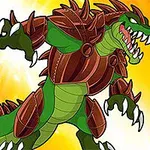 緑色の恐竜が茶色の鎧を身に着け、鋭い爪と歯を見せてポーズを取っており、右には数字の「7」が描かれている。