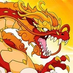 赤と金色のドラゴンが咆哮し、数字の8とともに輝くオレンジ色の背景に描かれている。