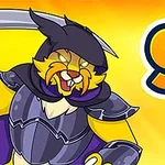 黄色の背景に、大鎌を持った鎧を着た猫のキャラクターと数字の9が描かれている。
