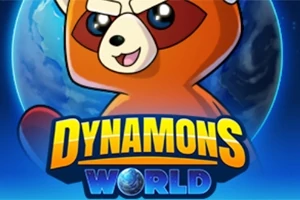 赤いパンダのキャラクターが地球を背景に中央に配置され、その下に「DYNAMONS WORLD」の文字が描かれています。