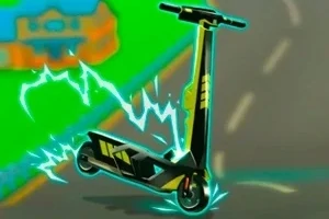 黒と黄の電動スクーターが道路上で電気エフェクトを伴い描かれている。