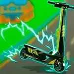黒と黄の電動スクーターが道路上で電気エフェクトを伴い描かれている。