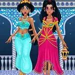 アラビアン風の衣装を着た二人の女性が立っている。
