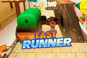 市街地の通りを走るキャラクターと「EAST RUNNER」のタイトル。