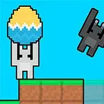 青い背景に、カラフルなイースターエッグを持った白いキャラクターと黒いロボットのようなキャラクターが描かれている。