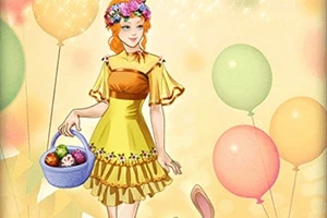 花の冠をかぶった女性が黄色のドレスを着て、カラフルな卵が入ったバスケットを持ち、背景に風船があるイラスト。