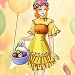 花の冠をかぶった女性が黄色のドレスを着て、カラフルな卵が入ったバスケットを持ち、背景に風船があるイラスト。