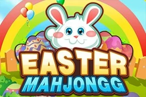 虹とイースターエッグの背景に、笑顔のウサギと「Easter Mahjongg」の文字。