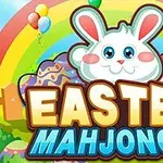 虹とイースターエッグの背景に、笑顔のウサギと「Easter Mahjongg」の文字。
