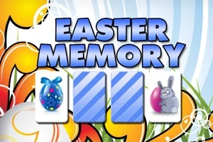 青い文字で「EASTER MEMORY」と書かれた背景に、花の装飾とイースターエッグ、ウサギのイラストが並んでいる画像。