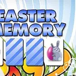 青い文字で「EASTER MEMORY」と書かれた背景に、花の装飾とイースターエッグ、ウサギのイラストが並んでいる画像。