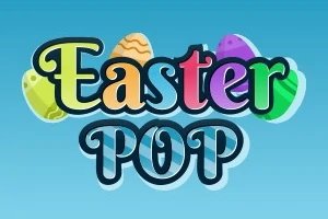 青い背景に「Easter POP」と書かれたカラフルなテキストとイースターエッグ。