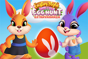 Easter Style Junction Egg Hunt Extravaganza 2匹のかわいらしいウサギが、大きな赤い卵の隣に立っているイラスト。