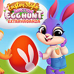 Easter Style Junction Egg Hunt Extravaganza 2匹のかわいらしいウサギが、大きな赤い卵の隣に立っているイラスト。