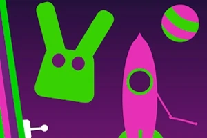 紫色の背景に緑のウサギの顔、ピンクのロケット、緑とピンクのボールが描かれているイラスト。