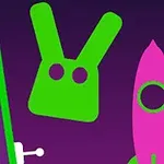 紫色の背景に緑のウサギの顔、ピンクのロケット、緑とピンクのボールが描かれているイラスト。