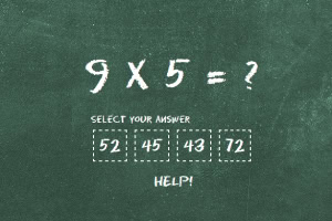黒板に白いチョークで書かれた「9 x 5 = ?