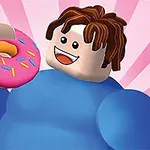 青い服を着たブロック状のキャラクターがピンクのドーナツを持って微笑んでいる。