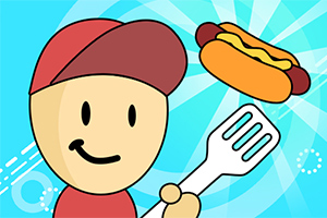 赤い帽子をかぶったキャラクターがフライ返しでホットドッグを持ち上げているイラスト。