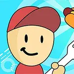 赤い帽子をかぶったキャラクターがフライ返しでホットドッグを持ち上げているイラスト。