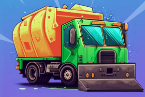 緑とオレンジのゴミ収集車が青い背景に描かれているイラスト。
