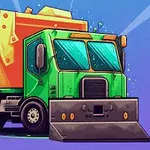 緑とオレンジのゴミ収集車が青い背景に描かれているイラスト。
