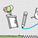風船のついた箱、鉛筆、驚いているキャラクター、カラフルな線、そして下のギザギザのトラップが描かれたグラフ用紙の背景。