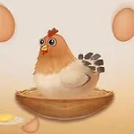巣に座っている鶏と周囲に浮かぶ卵。